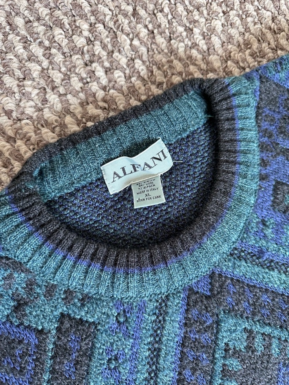 Vintage Alfani Blue Green Geometric Alpaca Blend Sweater XL Tall Italy - Picture 3 of 7